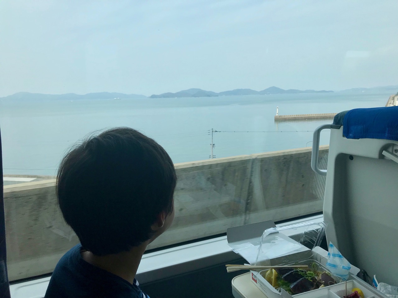 瀬戸大橋からの眺め。カツオのたたき弁当を食べながら。