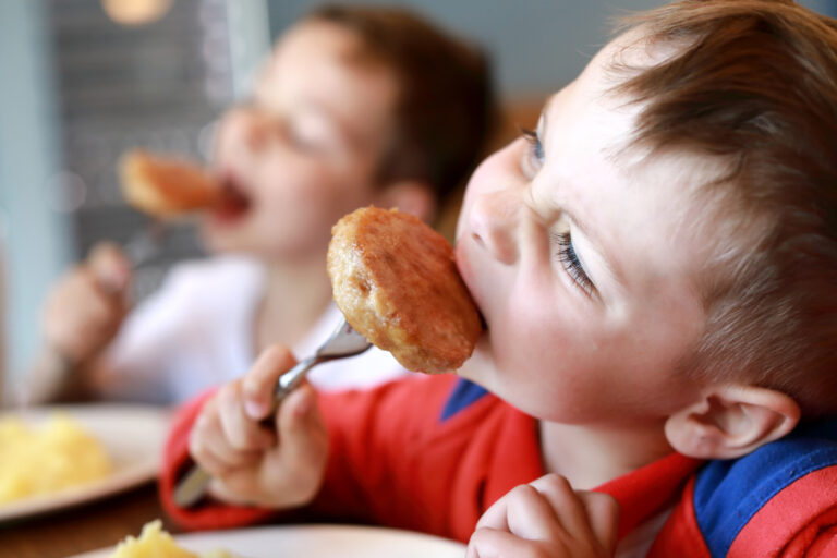 Two brothers eating cutlets in a restaurant